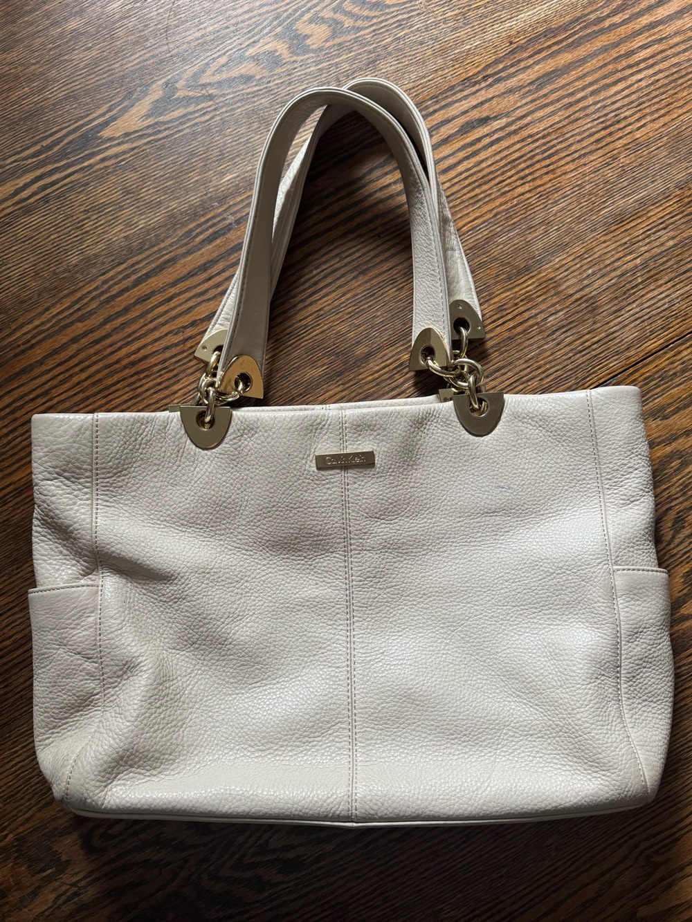 Calvin Klein White Leather Tote Bag with Gold Hardware